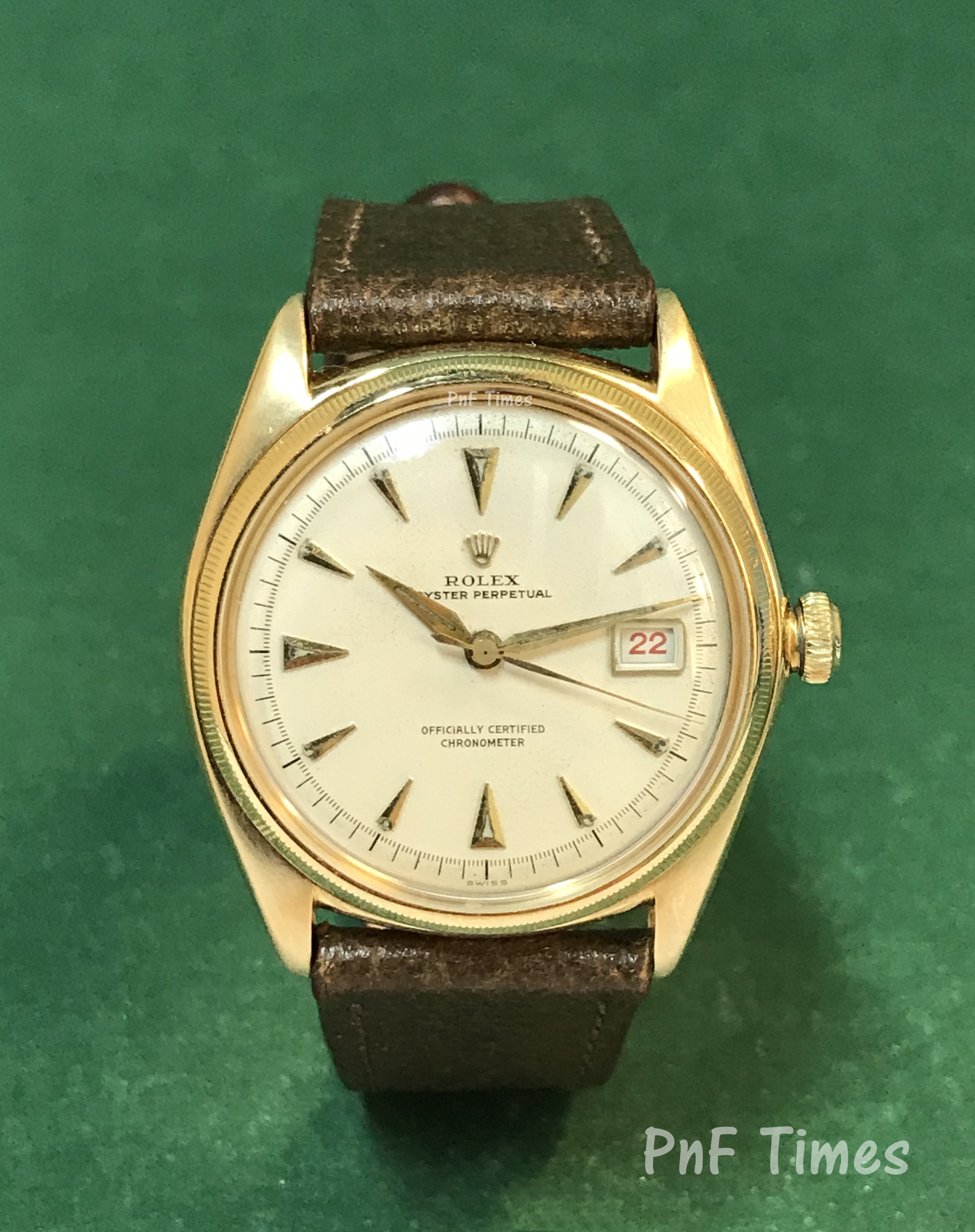 Rolex 4467 Oyster Perpetual 18k YG Back White Dial Leather Strap PnF Times